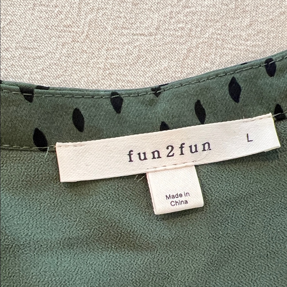fun 2 fun Forest Green V-Neck Short Sleeve Blouse with Black Dot Print - Picture 2 of 4